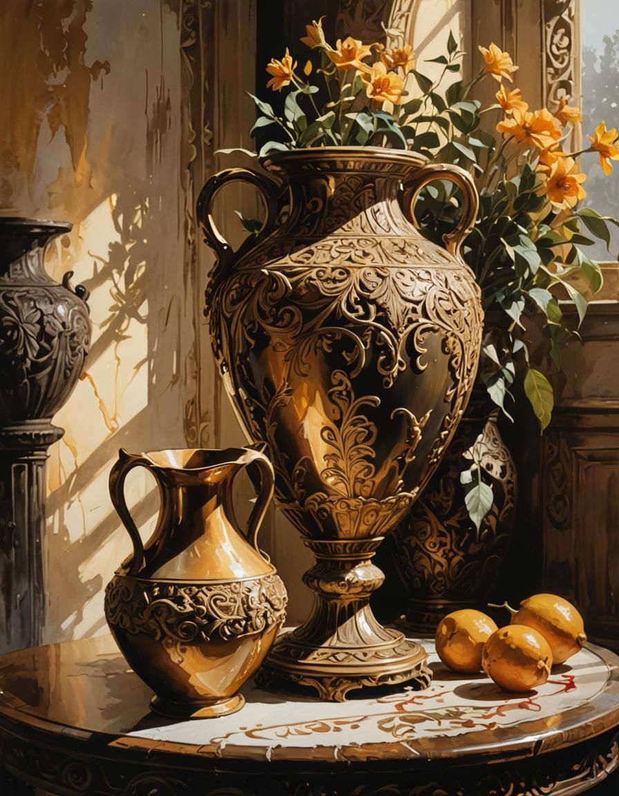 Ornate Amphora Still Life as Gouache Painting