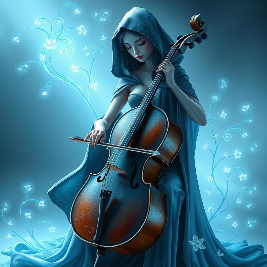 Ethereal Woman Playing Cello with Biomechanical Accents