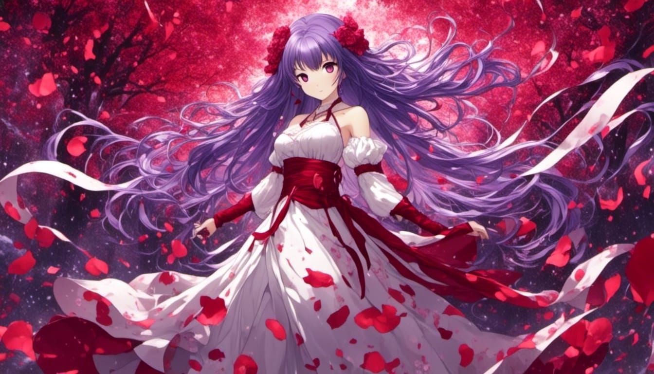 Anime Woman in Tornado of Flower Petals