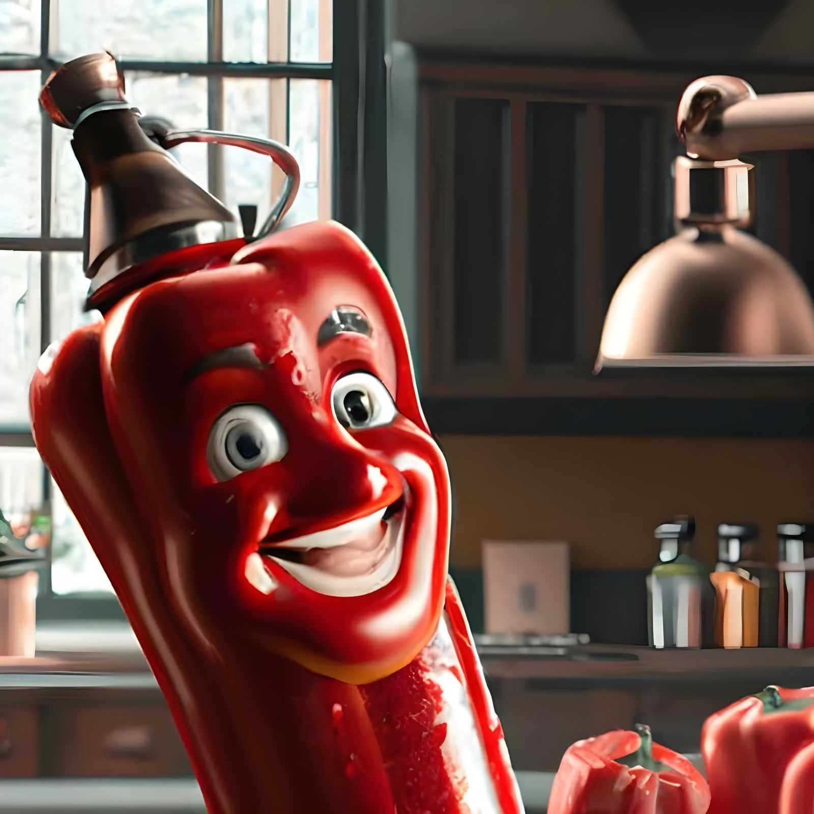 Smiling Red Pepper in Kitchen: Pixar-Style Digital Art