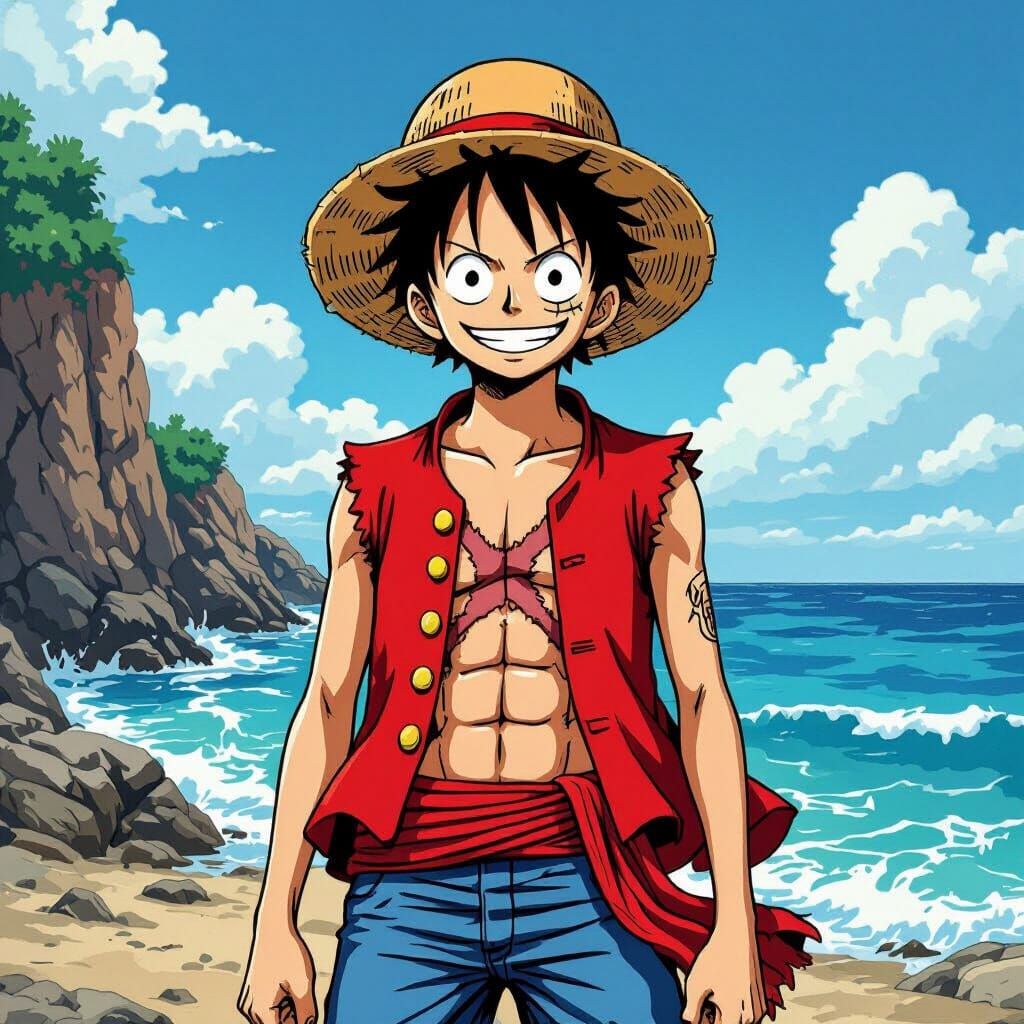 Luffy on Coastline in Oda-Inspired Illustration
