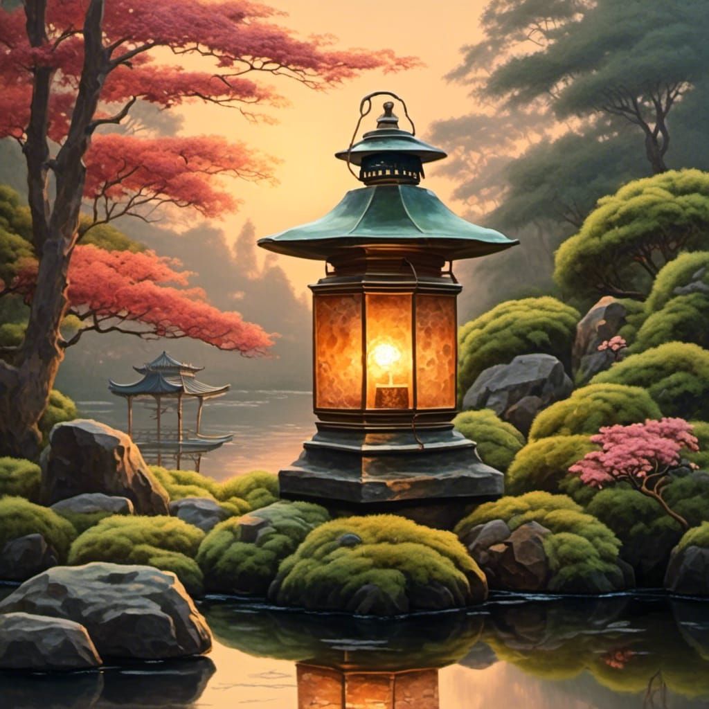 Copper Lantern in Japanese Garden as Oil Painting