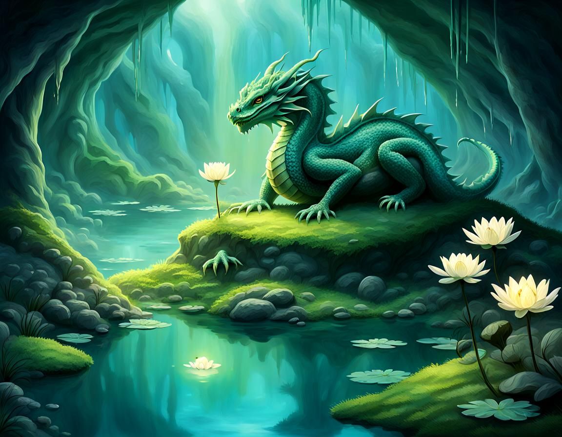 Small Green Dragon on Hillside in Ethereal Landscape