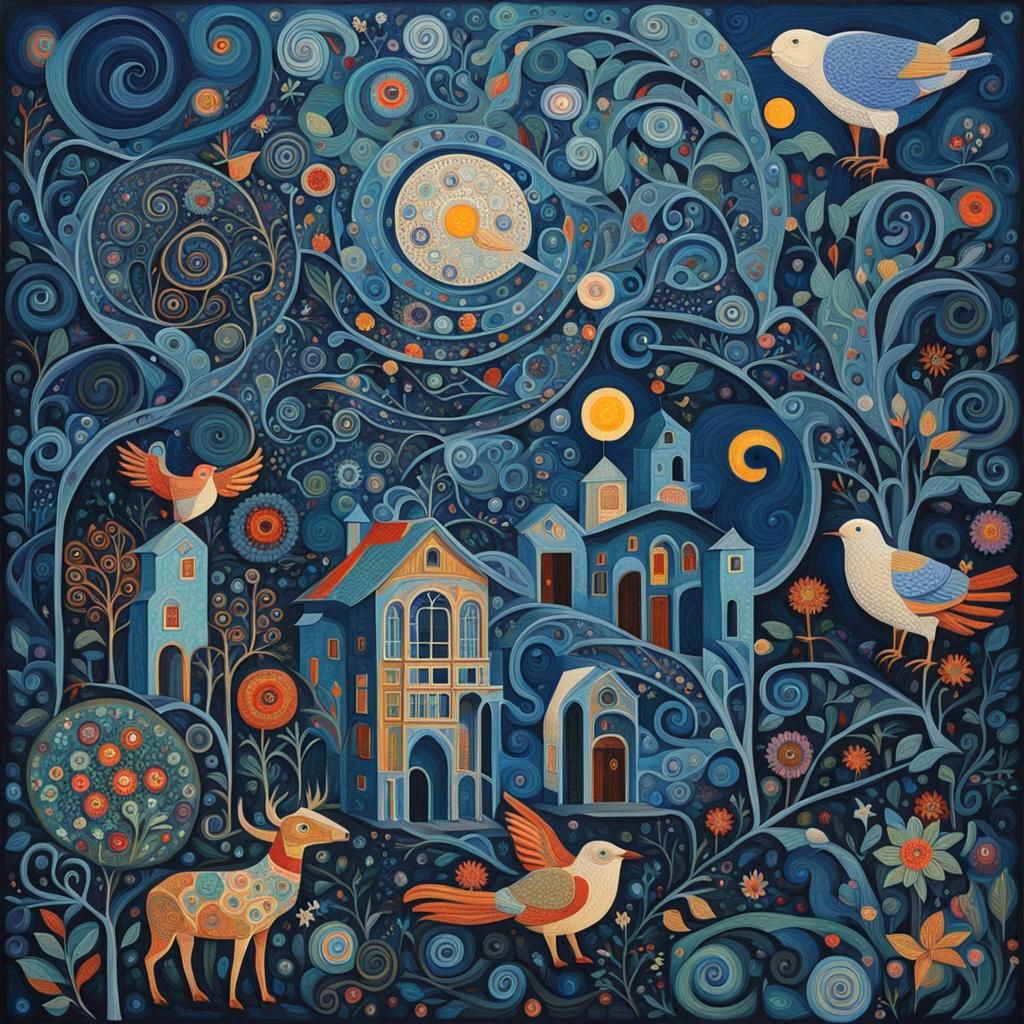 Abstract Folk Art in Klimt, Chagall Style