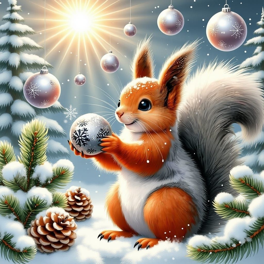 Whimsical Squirrel with Christmas Bauble in Snowy Forest