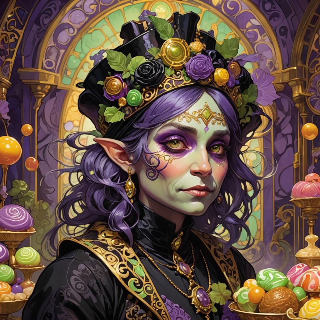 Troll in Willy Wonka Attire, Art Nouveau Portrait