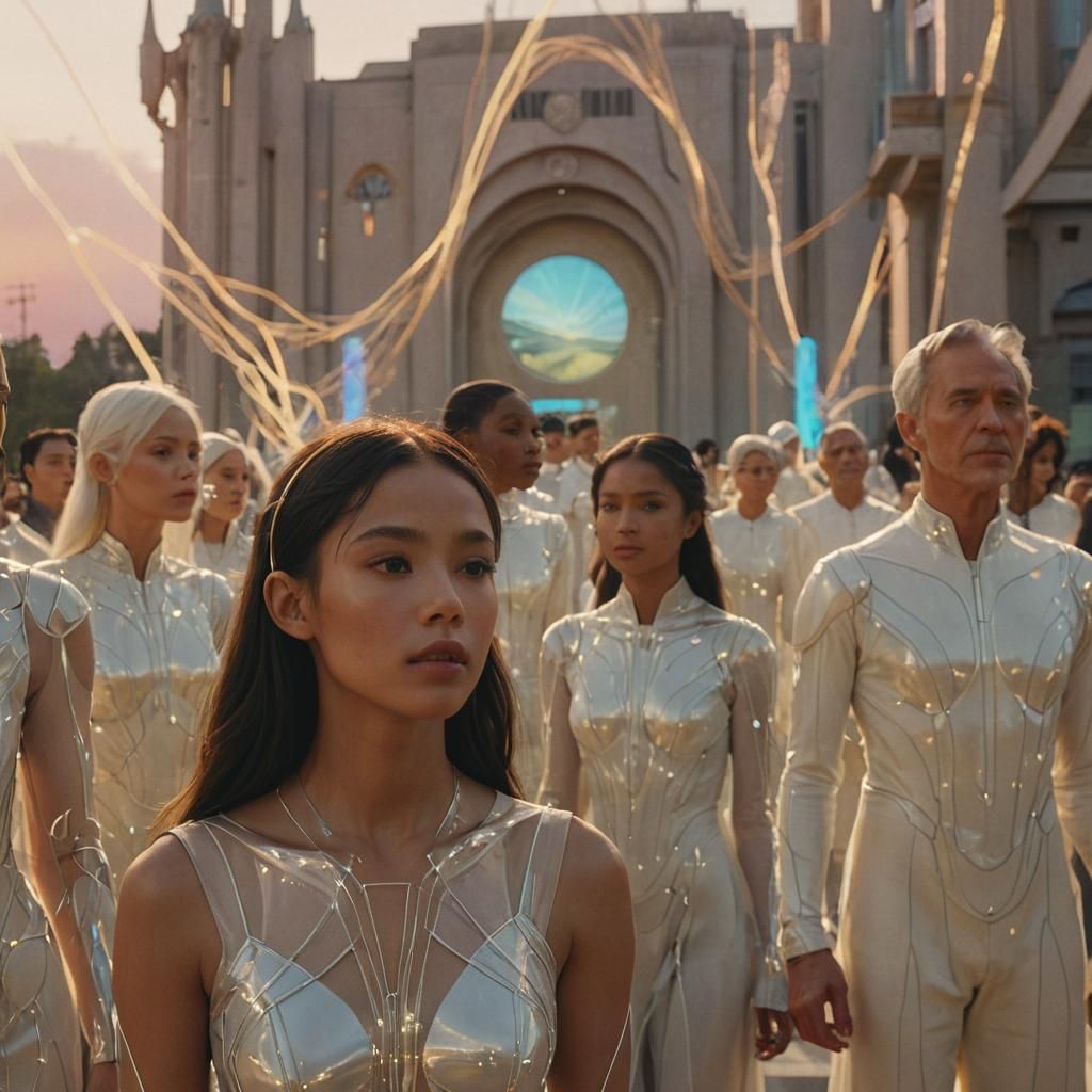 People Connected by Light in Art Nouveau Style