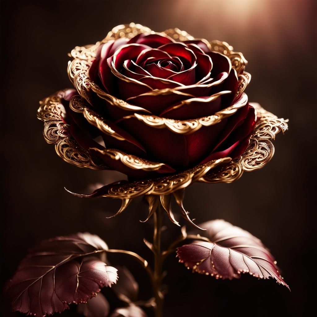 Deep Red Metallic Rose with Gold Filigree Edges