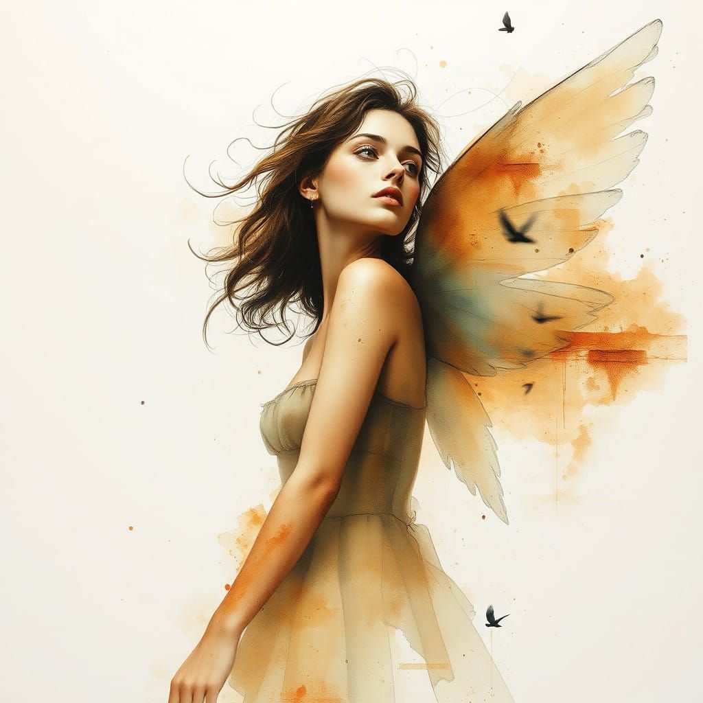 Ethereal Watercolor Spirit with Fading Wings