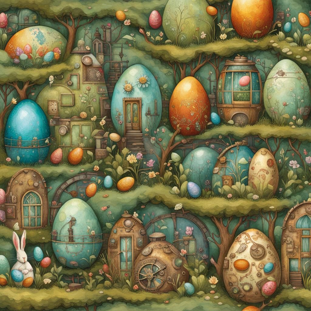 Steampunk Garden Hides Easter Eggs: Whimsical Illustration