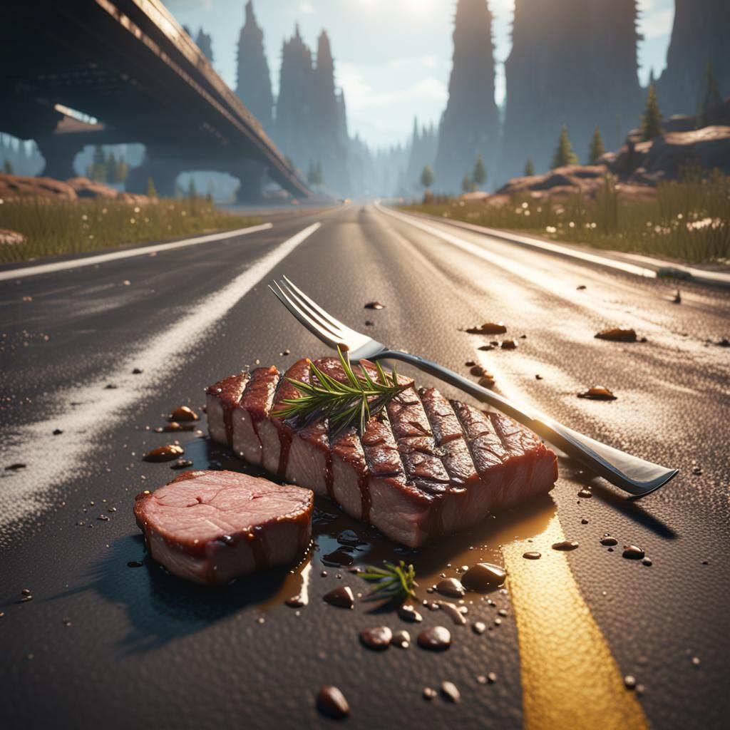 Meat Fork on Highway in 3D Cinematic Style
