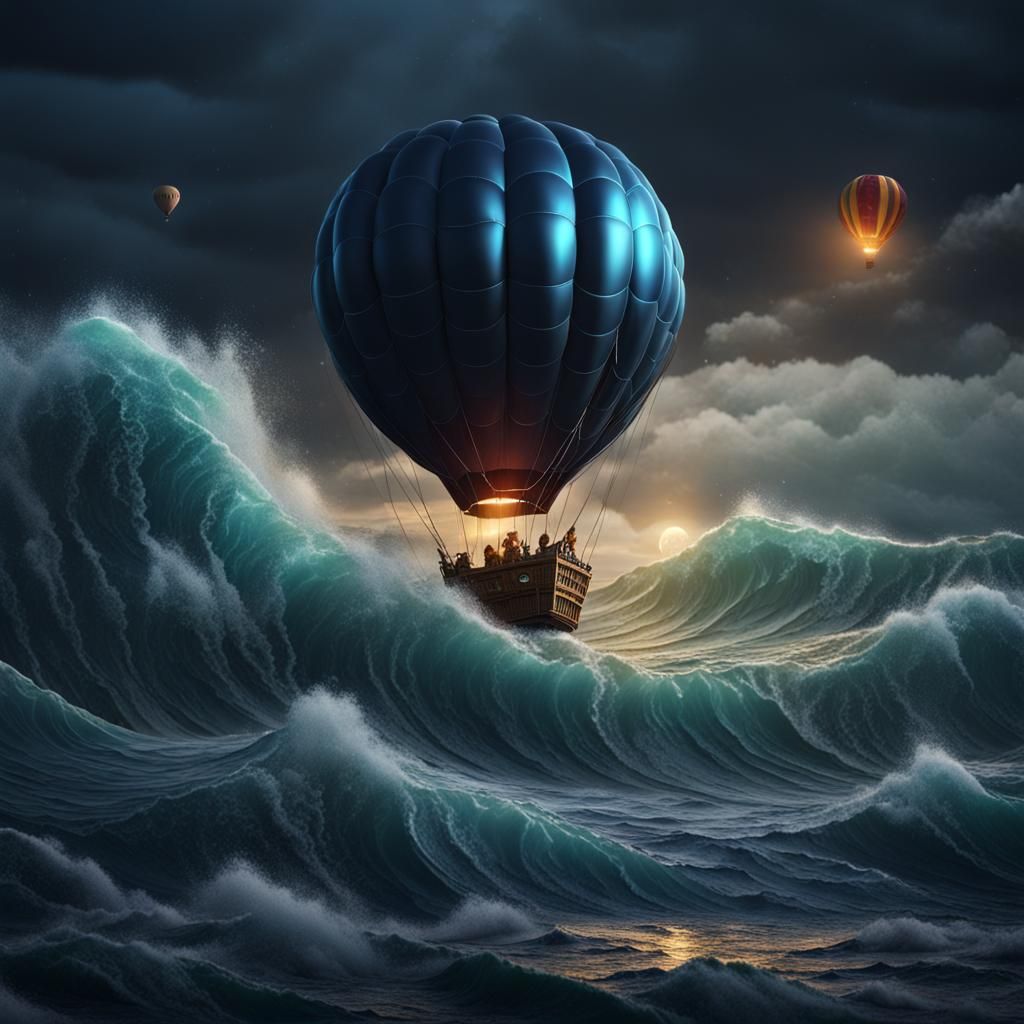 Hot Air Balloon Above Stormy Ocean: Fantasy Concept Art