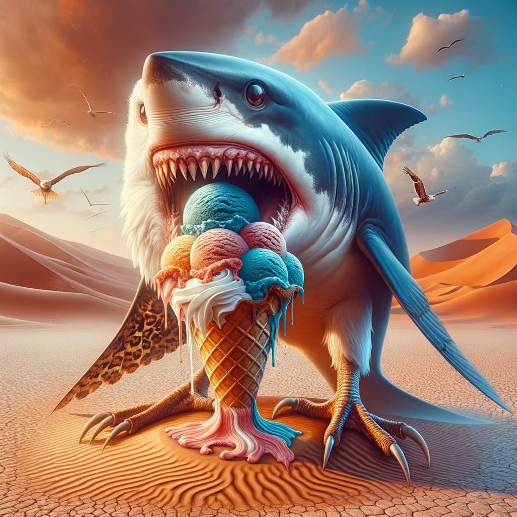 Half Eagle, Half Shark With Leopard Print in Desert Eating S...