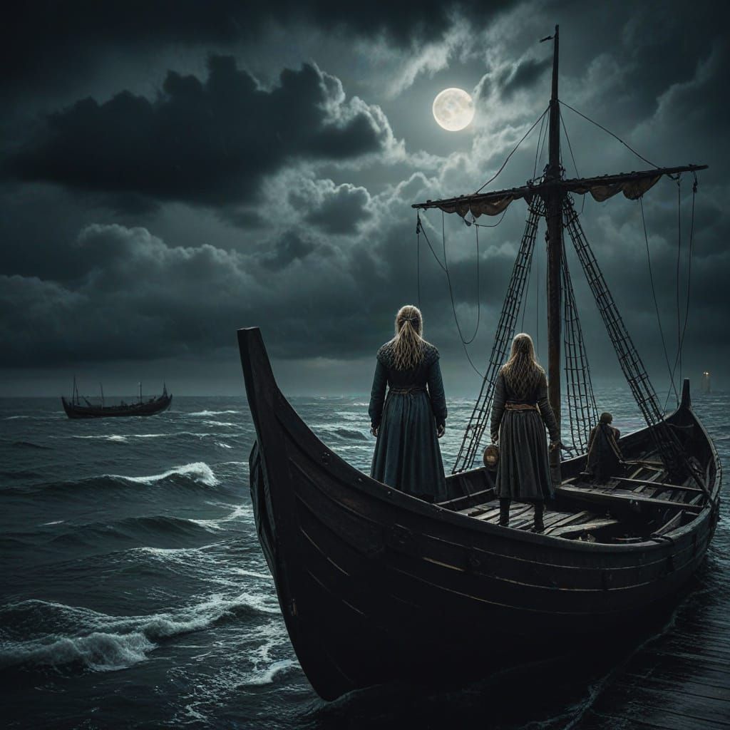 Strong Female Viking Pirates Stand Tall in Stormy Harbour Sc...