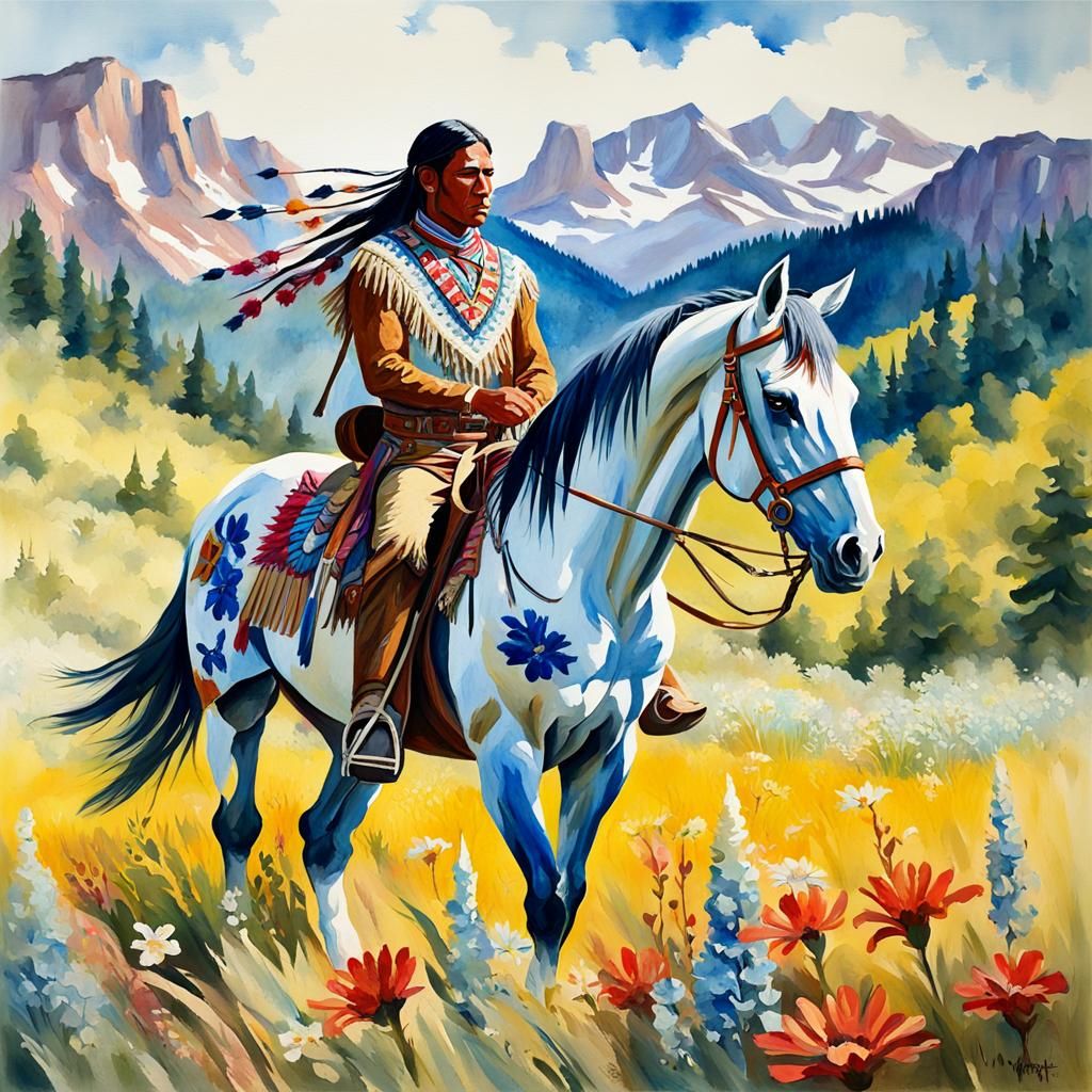 Native American Warrior on Horseback in Gouache Style