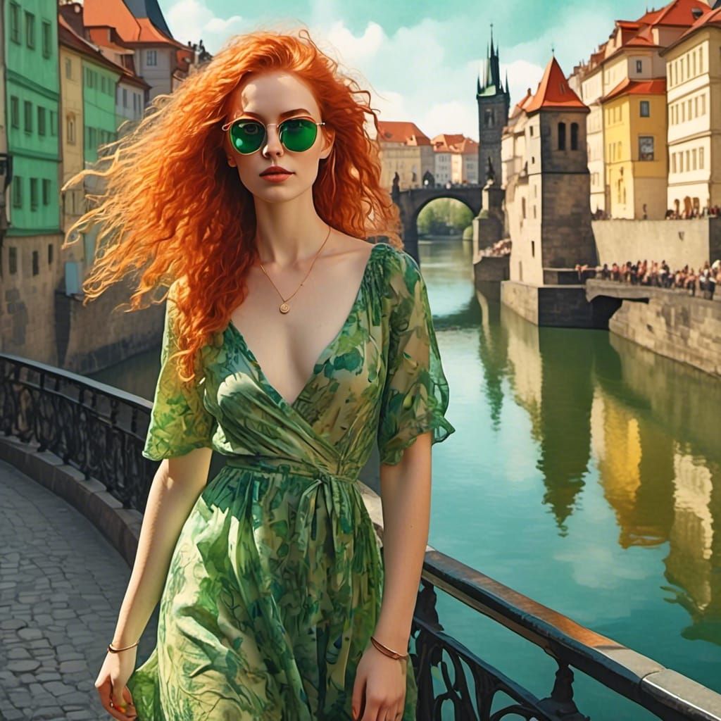 Woman Posing on Charles Bridge: Watercolor Painting