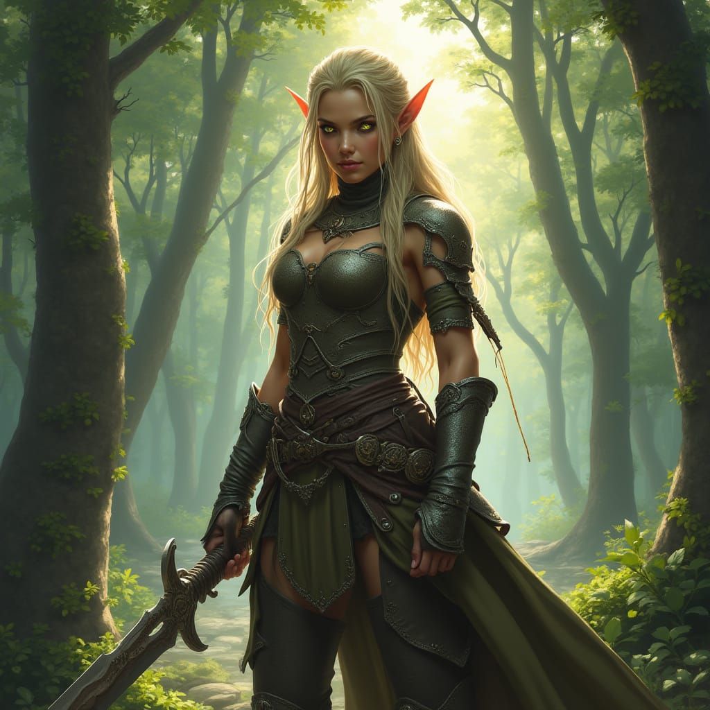 Elven Warrior in Mystical Forest, Epic Fantasy Style
