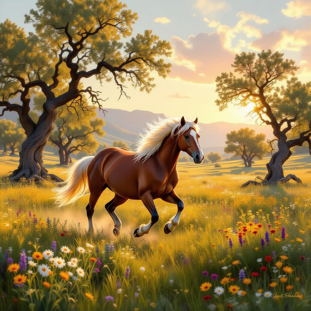 Majestic Wild Horse Gallops in Sunlit Meadow Oil Painting