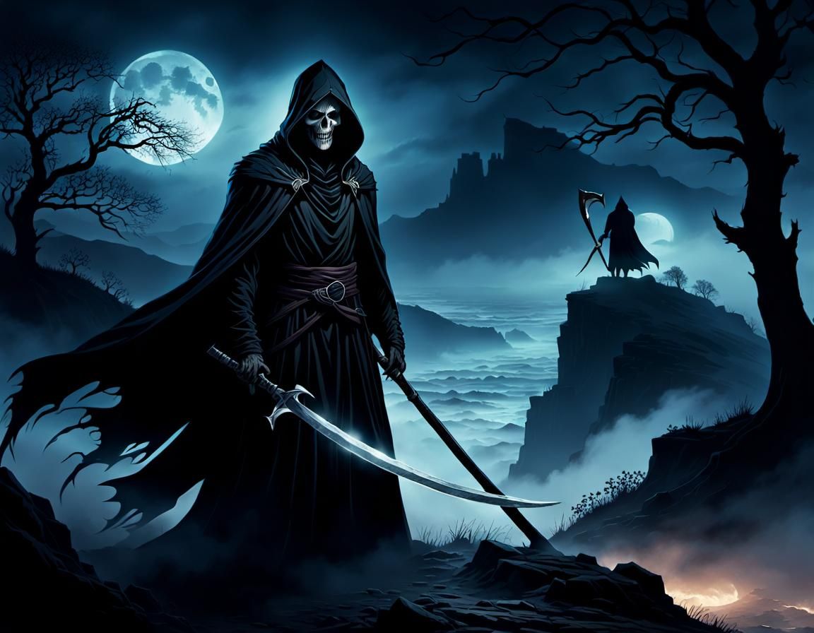 Grim Reaper on Misty Cliff: Dark Fantasy Illustration