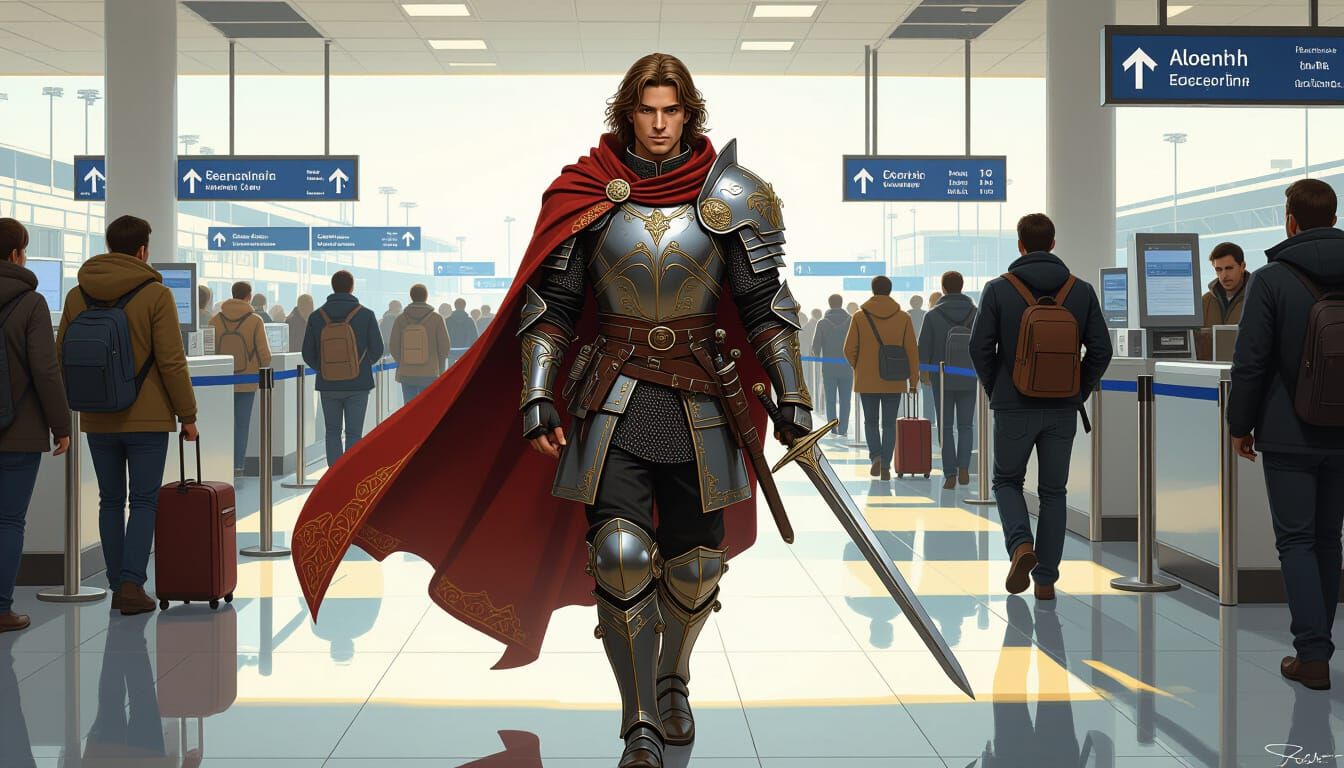 Medieval Knight at Airport Security, Futuristic Art Style