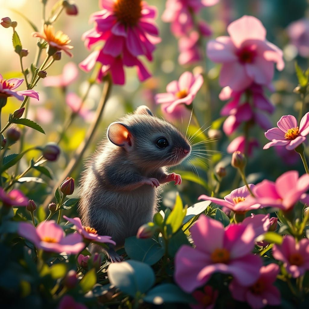 Fantastical Garden Scene with Whiskered Mouse Mother and Bab...