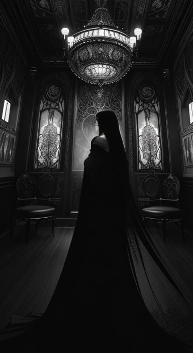 Grief-Stricken Banshee in Monochromatic Art Nouveau Style