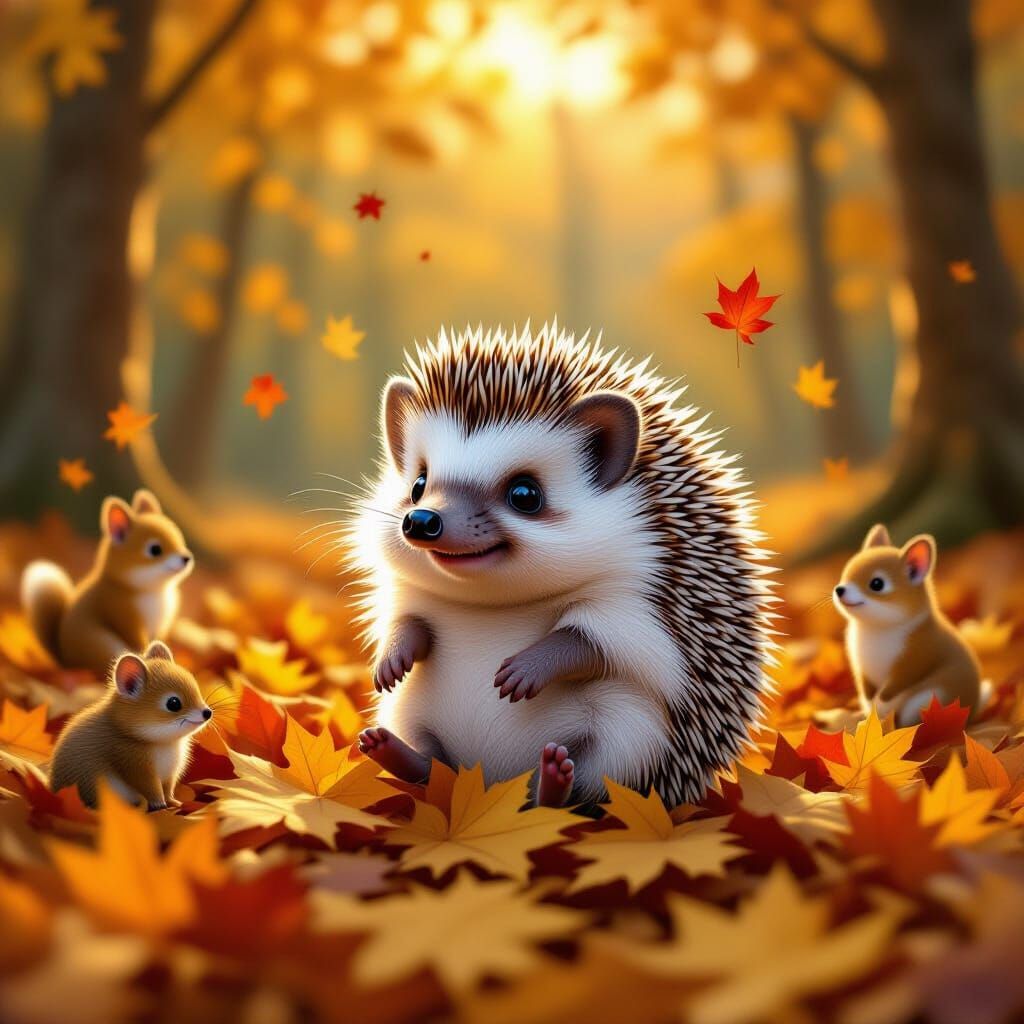 Cute Hedgehog and Friends in Autumn Woods