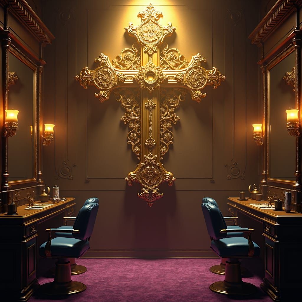 Golden Cross in Opulent Barbershop, Dark Fantasy Art