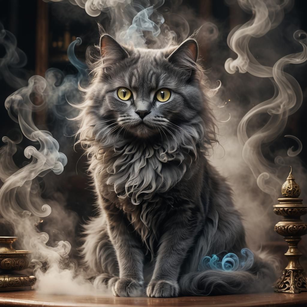 Witch's Cat Conjuring Smoke Magic in Fantasy Art