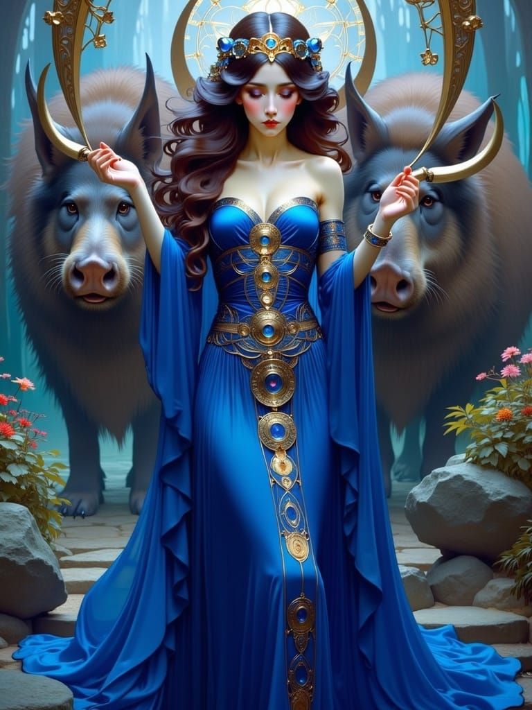 Insanely Detailed elaborate Beautiful CIRCE an enchantress Goddess dressed in royal blue and dark blue BLUE ornate arcan...
