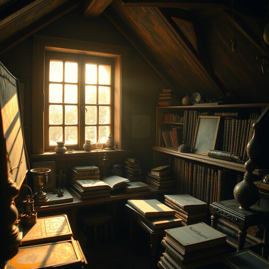 Cozy Attic Book Nook in Sunlight, Matte Painting