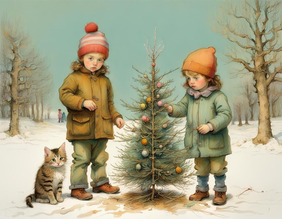 Children Select Christmas Tree at Farm, Whimsical Illustrati...
