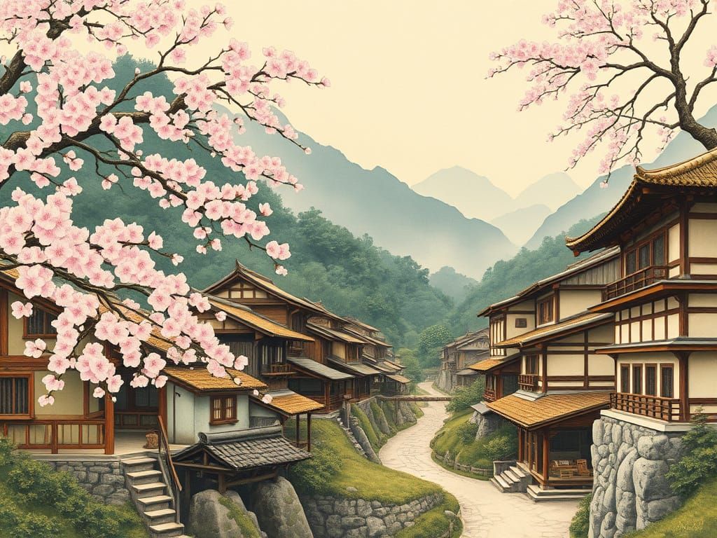 Traditional Japanese Village in Cherry Blossom Bloom