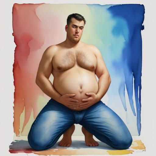 Bloated Pregnant Man in Impressionist Gouache Style