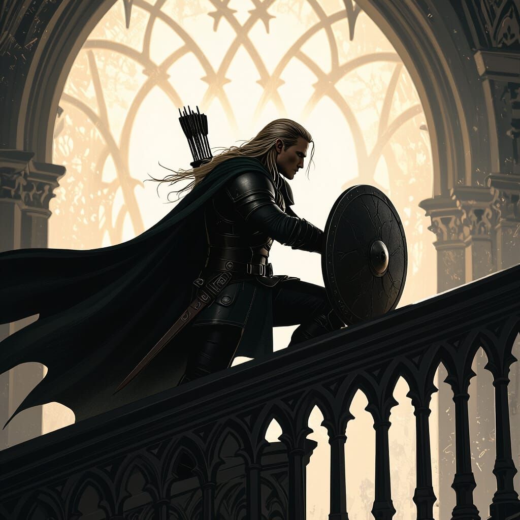 Elf Grinding on Shield in Dark Fantasy Silhouette