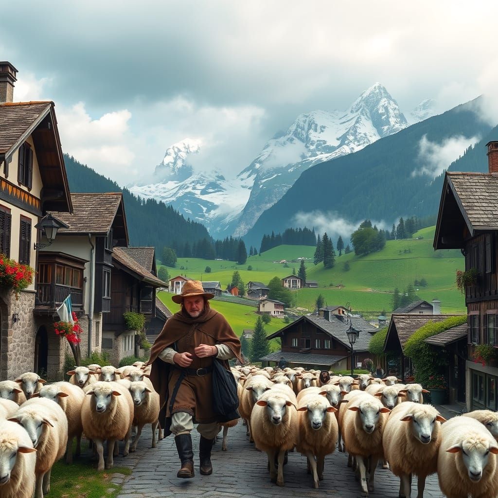 Picturesque Swiss Village Scene with Shepherd and Sheep