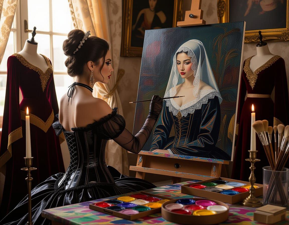 Noble Artist Painting a Portrait in Lavish Studio