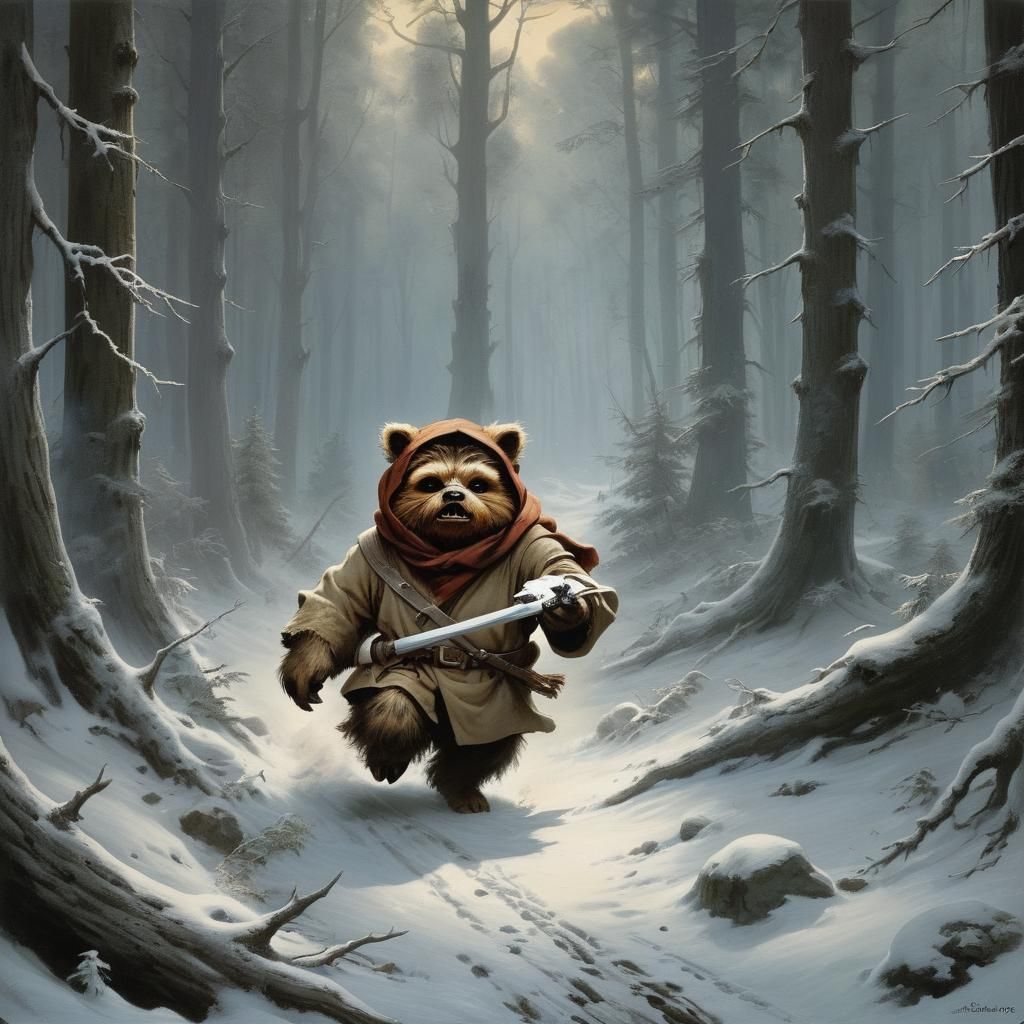 Ewok Chases Through Dark Winter Forest in a Haunting Scene