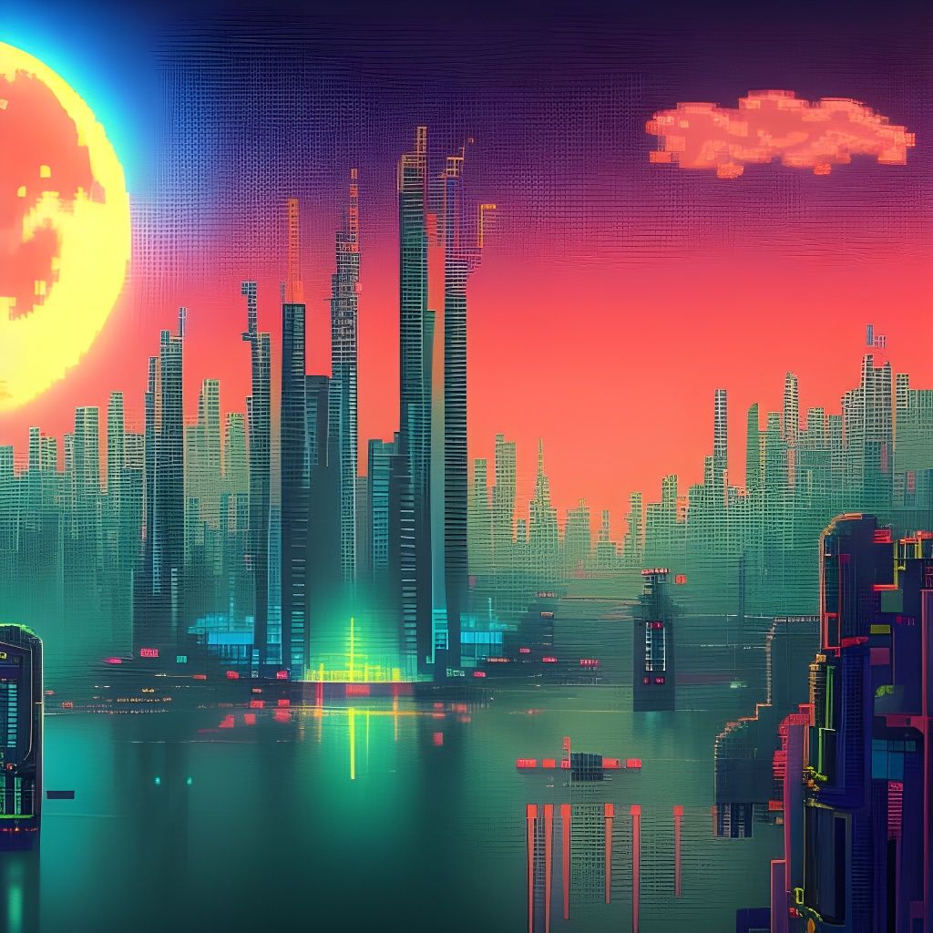 Neon Cyber City Pixel Art in Ghibli Style
