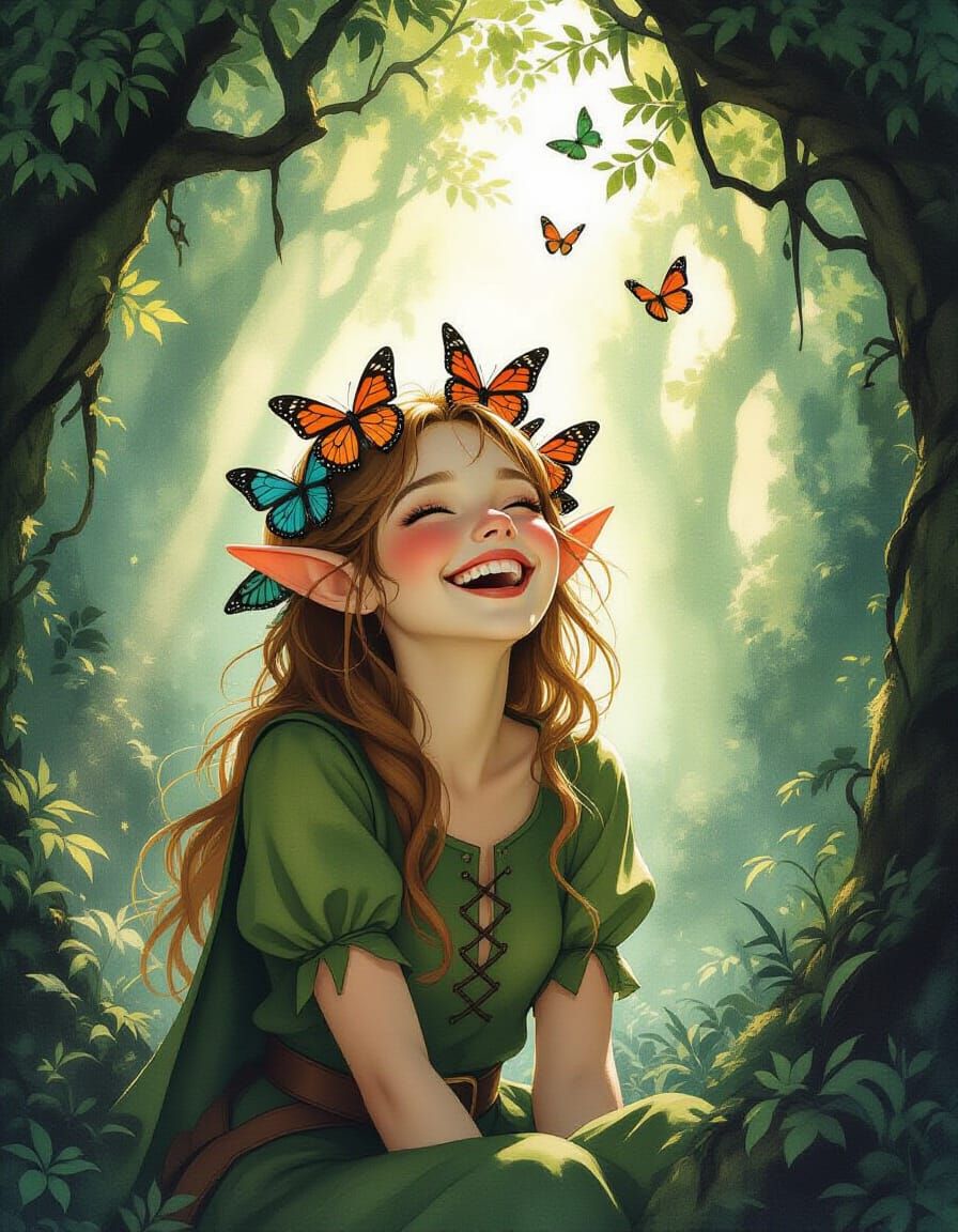 Happy Elf with Butterflies in Enchanted Forest