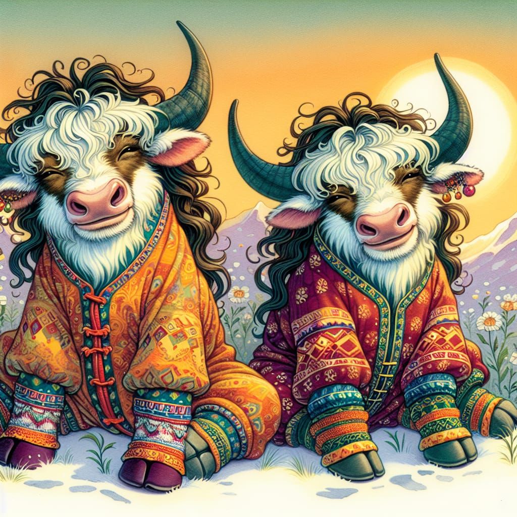 Pixie Yaks in Batik Onesies in Meadow
