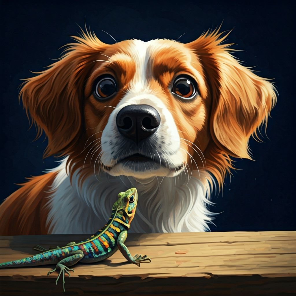 Dog Sniffs Colorful Lizard: Gouache Style Painting