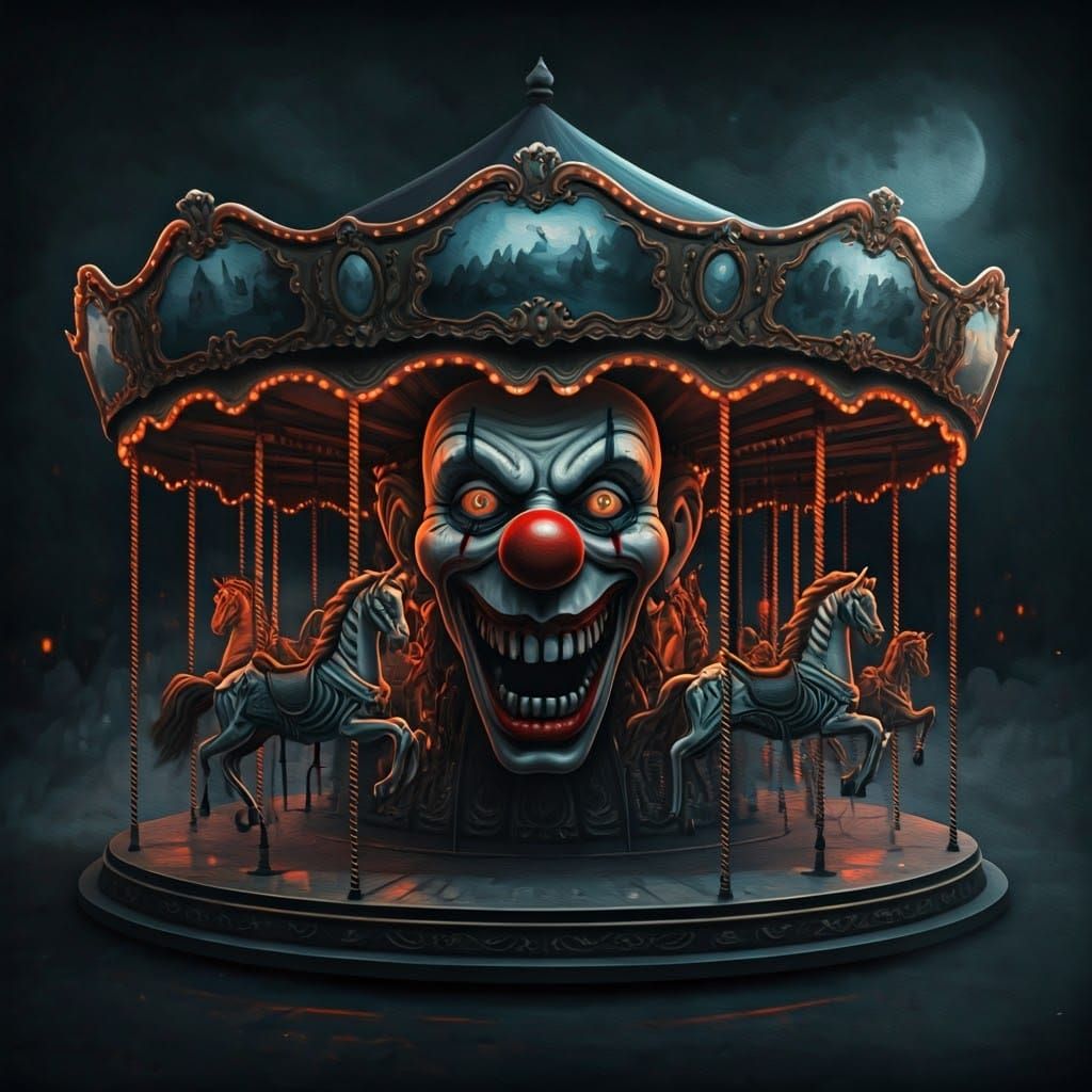 Eerie Haunted Carousel with Skeleton Horses in Grunge Style