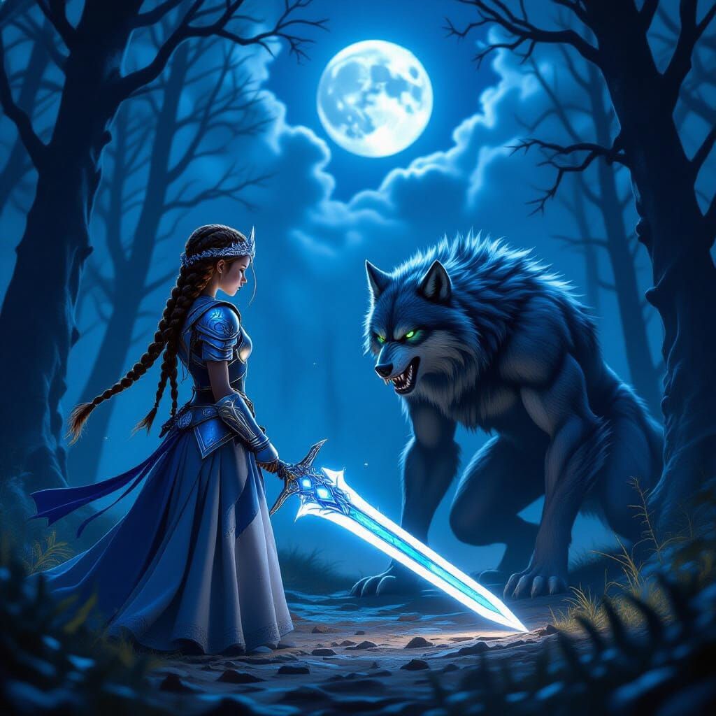 Warrior Girl Battles Werewolf in Moonlit Forest