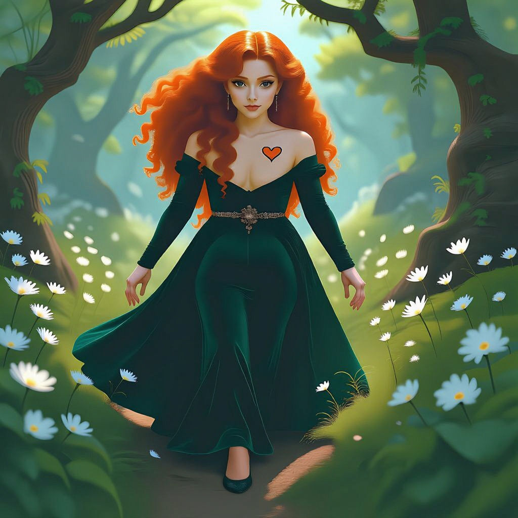 Anime Woman Enters Mystic Forest with White Flowers