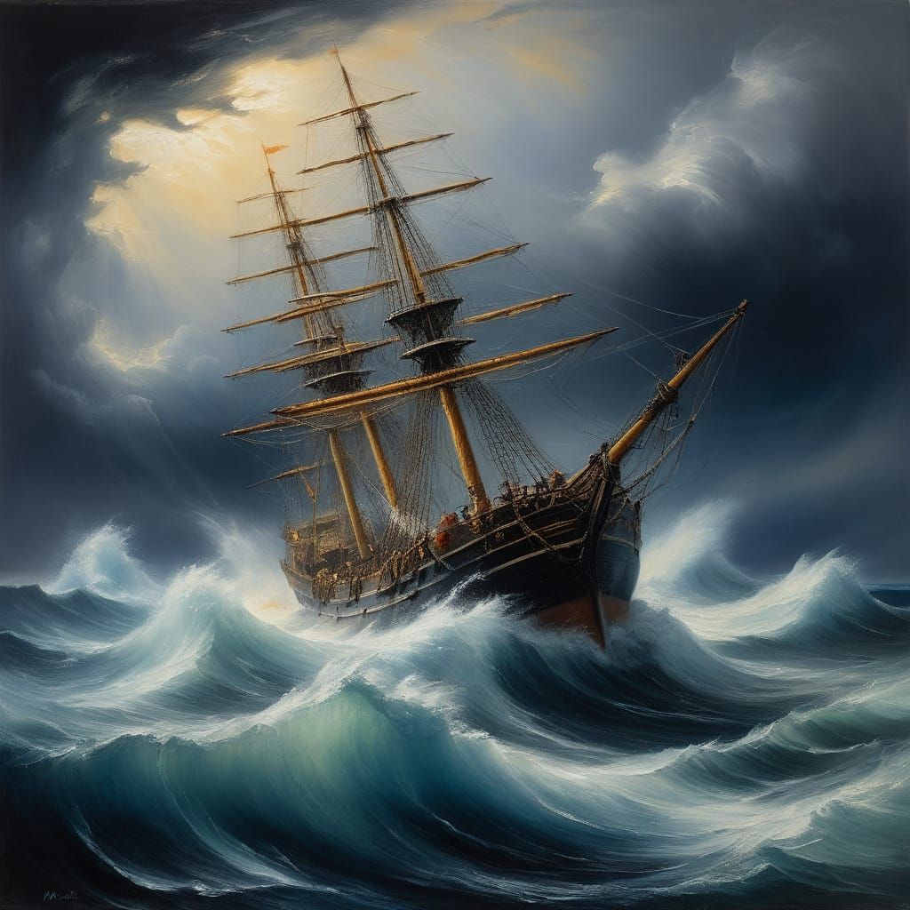 Dramatic Oil Painting of Ship in Blizzard Tempest