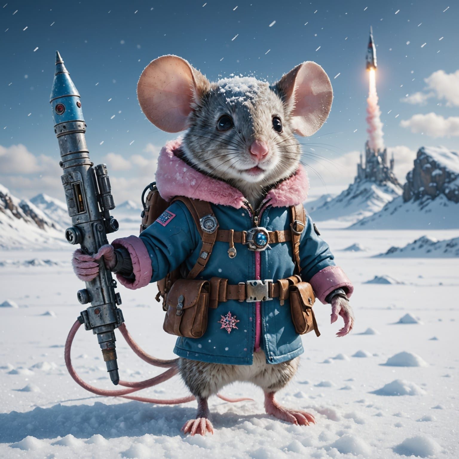 Cyborg Mouse Adventurer in Snowy Tundra Landscape