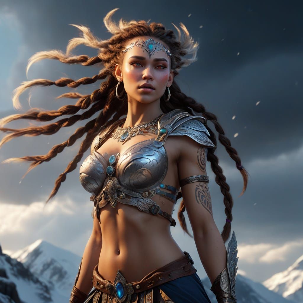 Valkyrie on Snow Mountain in Digital Painting