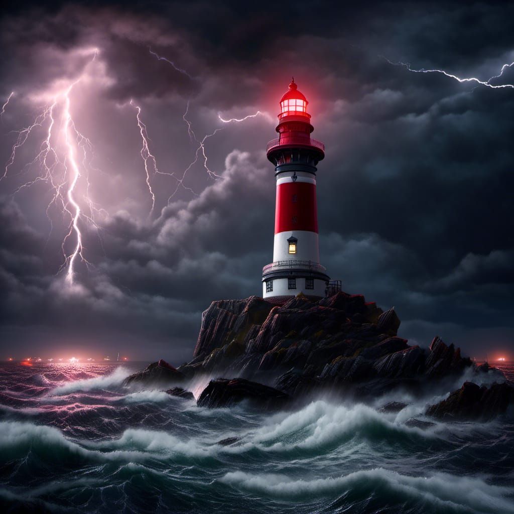 Gothic Lighthouse in a Stormy Midnight Seascape