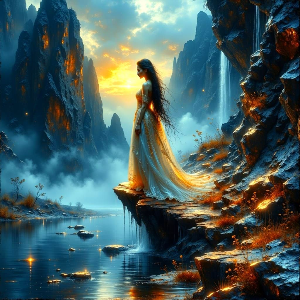 Surreal Landscape at Dusk in Crinkled Metallics Style